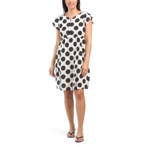 TERZO MILLENIO  Italian Linen Blend Flutter Sleeve Polka Dot Midi Dress size M